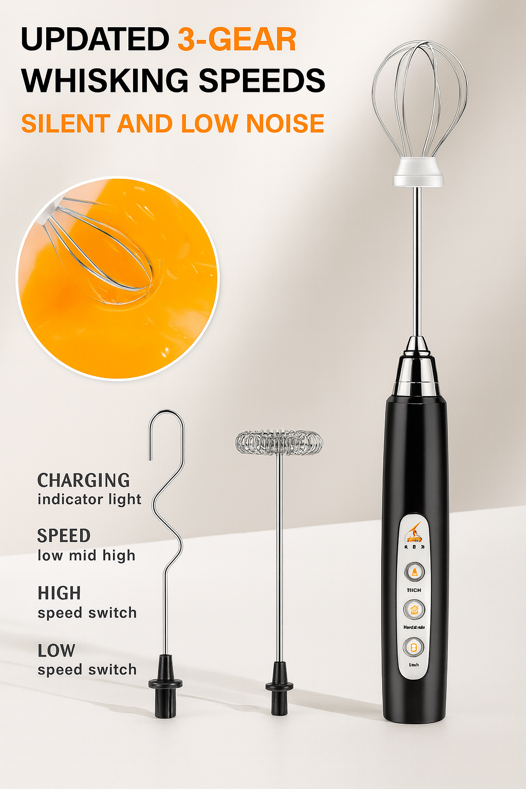 FROTHN Handheld Milk Frother – USB Rechargeable, 3 Speeds, 3 Whisks